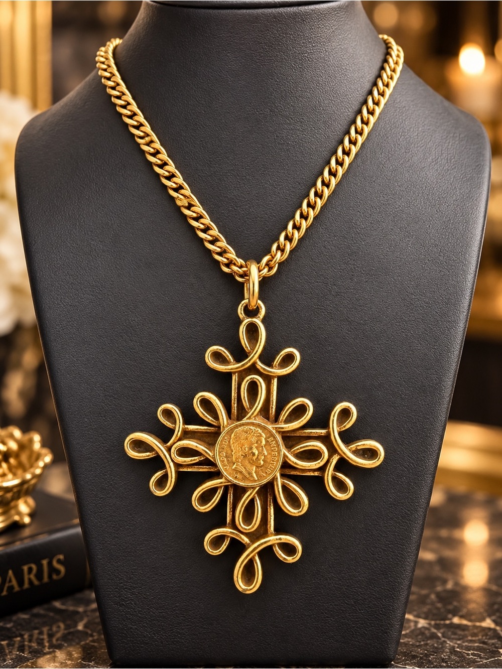 Gold Coin Medallion Cross Necklace Ornate Old World Statement Chunky Chain